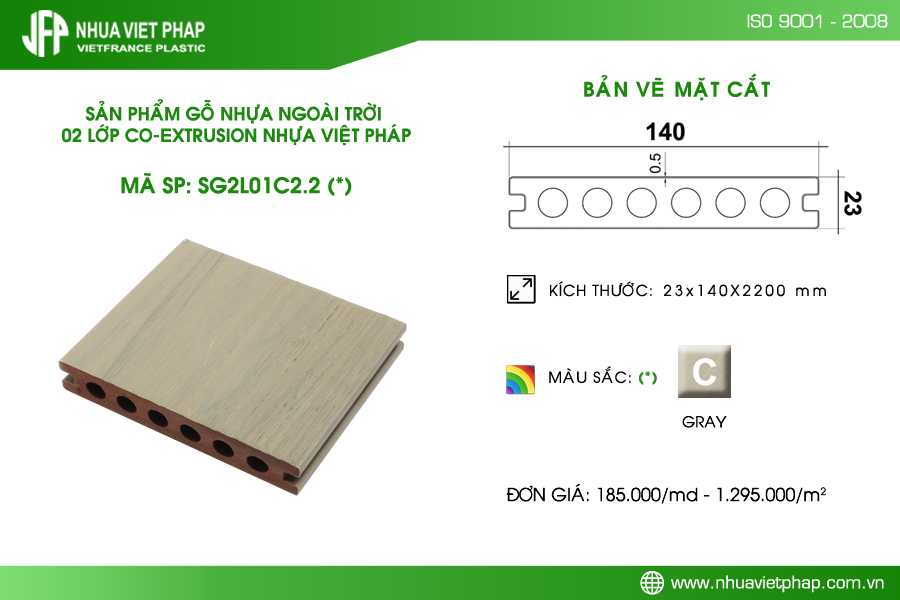 (Thông số và bản vẽ mặt cắt sàn gỗ nhựa ngoài trời 02 lớp co-extrusion SG2L01C2.2)