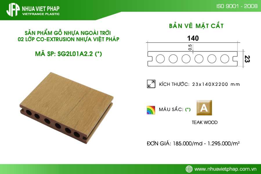 (Thông số và bản vẽ mặt cắt sàn gỗ nhựa ngoài trời 02 lớp co-extrusion SG2L01A2.2)