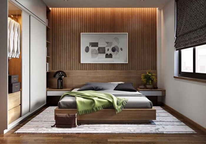 Mẫu ốp tường nhựa giả gỗ phòng ngủ với lam sóng hiện đại