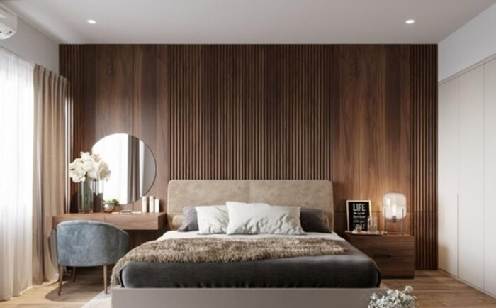 Ốp tường phòng ngủ đẹp với tấm nhựa vân gỗ ấn tượng