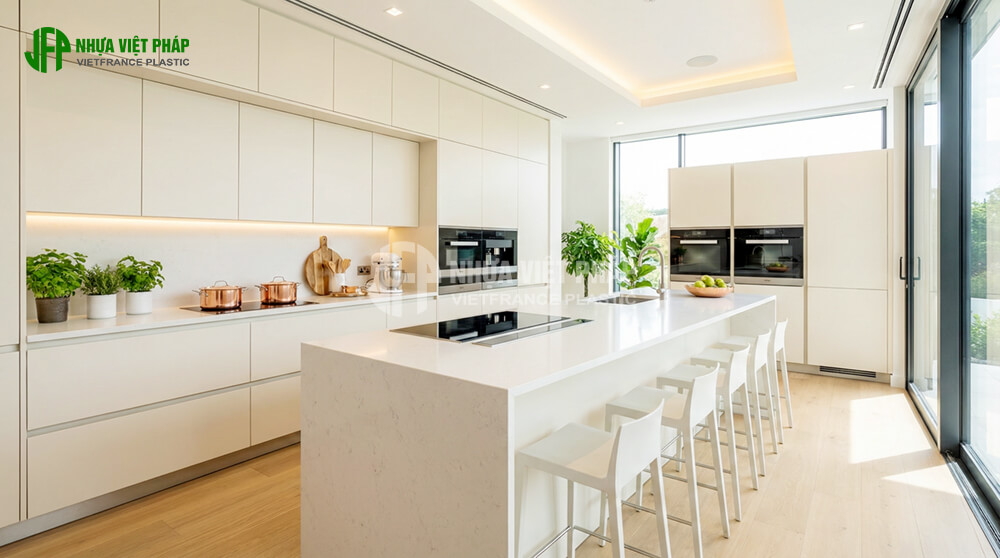 Mẫu tủ bếp đảo trung tâm Nhựa Việt Pháp