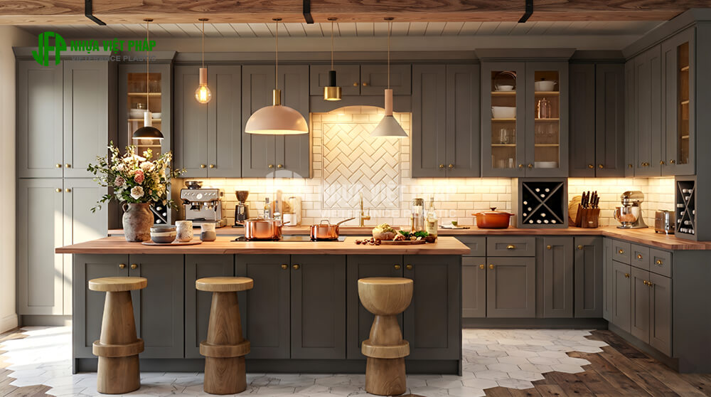 Mẫu tủ bếp tân cổ điển Nhựa Việt Pháp