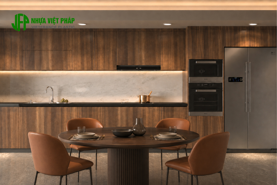 Tủ bếp Melino Luxury với cánh gỗ nhựa