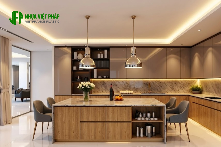 Tủ bếp Melino Premium sử dụng cánh kính